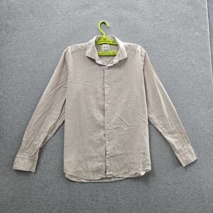 Puro Lino Men Button Up Shirt 16.5 Beige Linen Made In Italy Long Sleeve